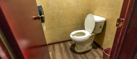 A small bathroom with a wooden floor, a white toilet, and a trash bin.