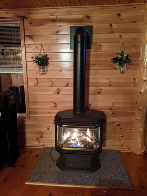 Cozy warmth emanates from the wood-burning stove, surrounded by lush greenery and natural light.