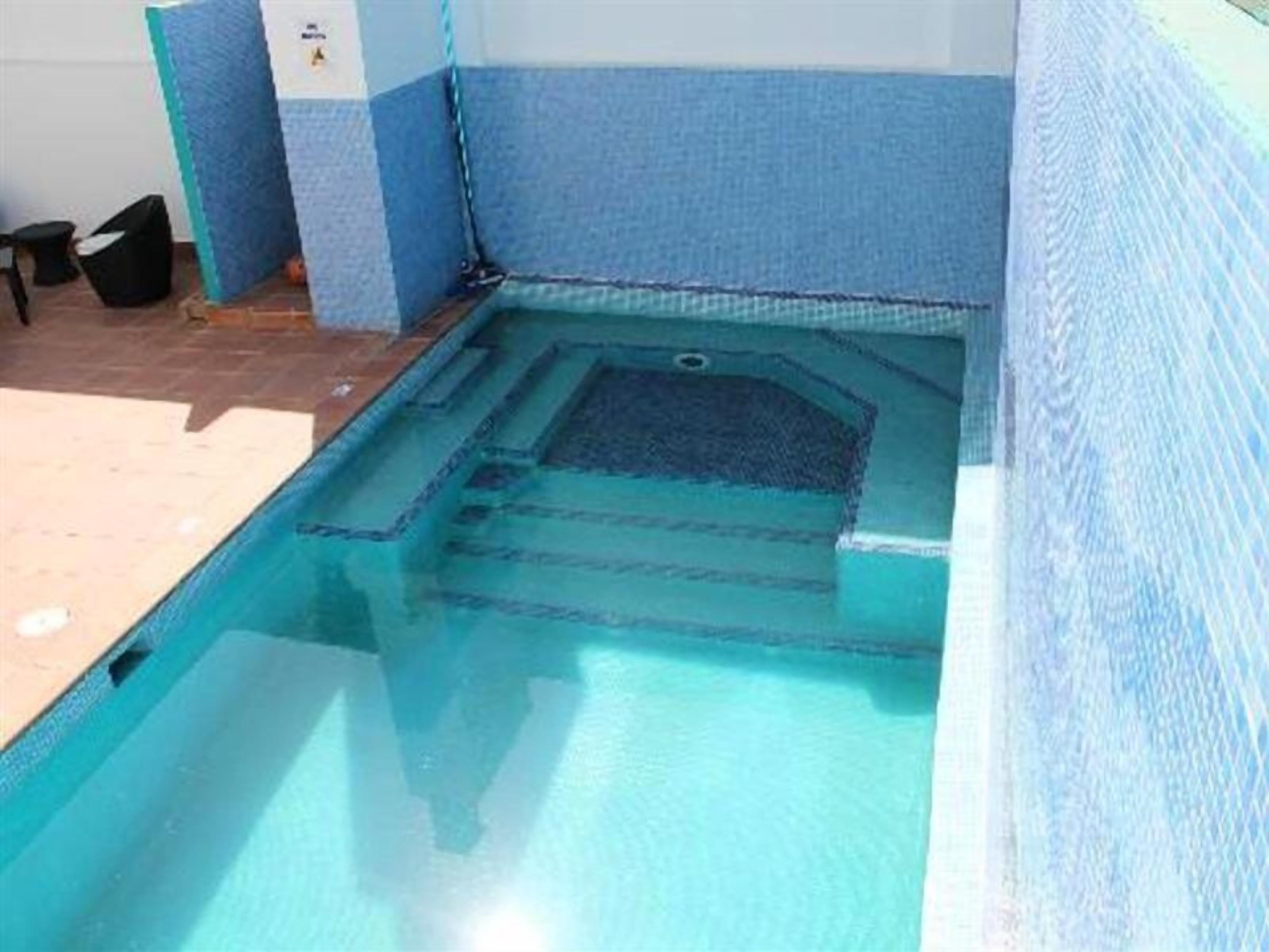 Una piscina pequeña y transparente con escalones de acceso, rodeada por un patio empedrado y un muro con diseño azul y blanco.