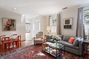 Smart TV, fireplace, books