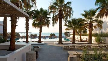 Un espace aménagé au bord de la piscine, avec des palmiers, des chaises longues et une vue sur la mer.