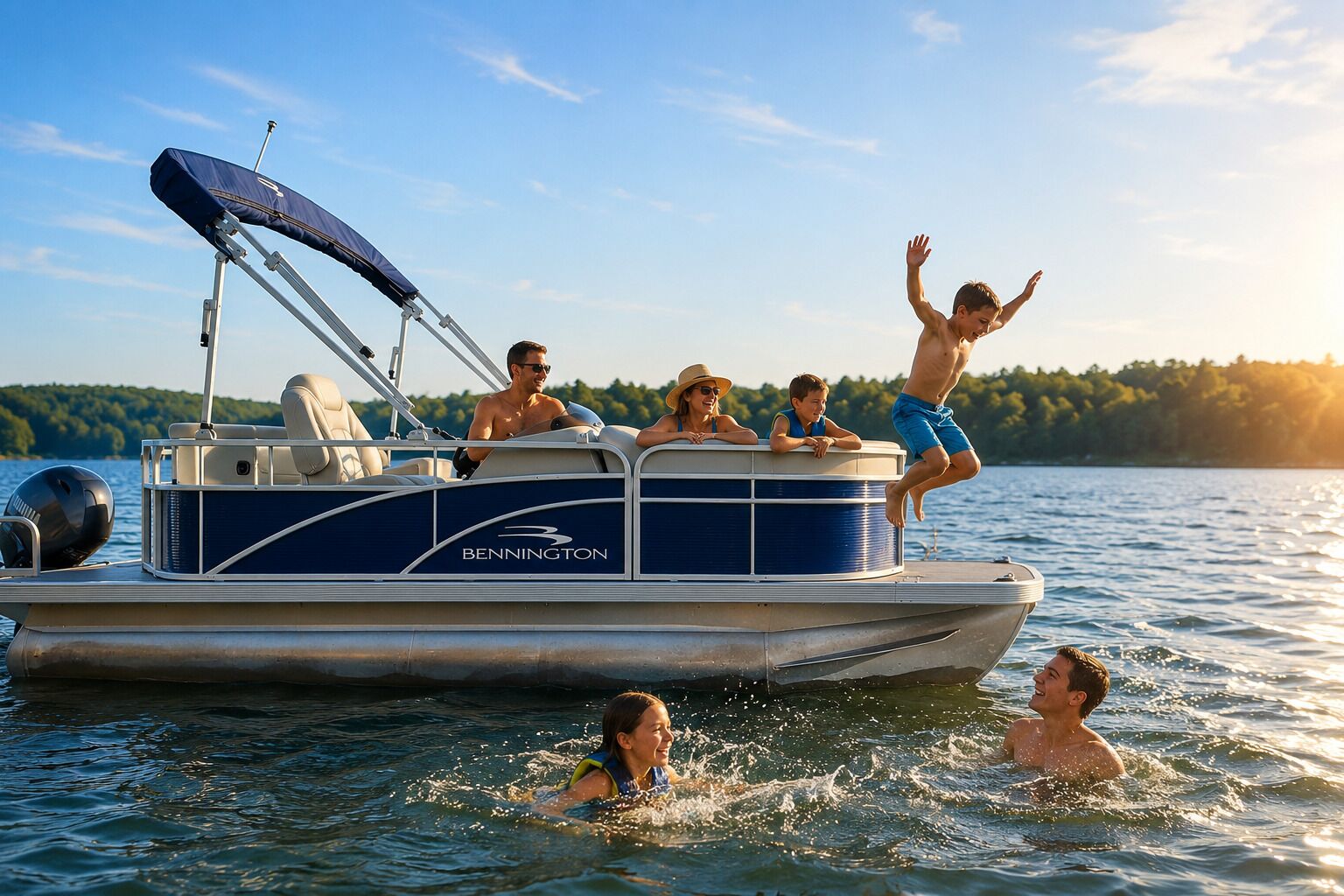 A pontoon boat with a canopy, seating, and a logo.