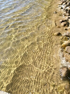 On the beach, sun-loungers