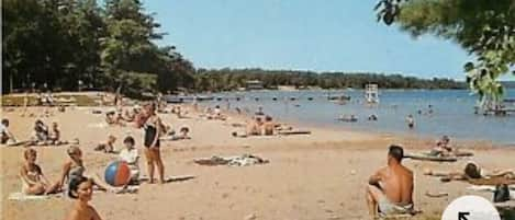 On the beach, sun-loungers