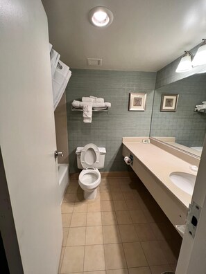 A bathroom with a toilet, sink, and towel rack. - Clarion Suites Convention Center Fredericksburg (Fredericksburg)