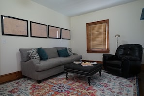 Fireplace, DVD player, books