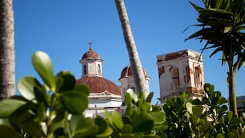 A church with a red dome and a cross, surrounded by greenery.