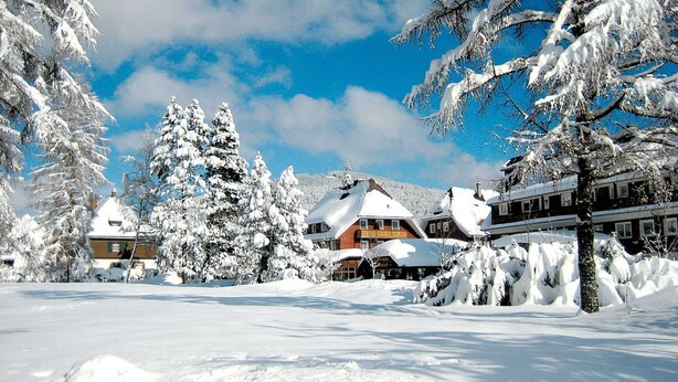 A snow-covered village with traditional buildings, including a chalet and a lodge. - Ferienwohnung Bärenhofweg am Titisee (Titisee)