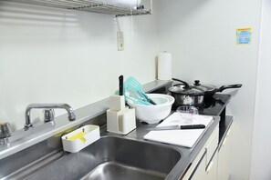 Kühlschrank, Mikrowelle, Herdplatte, Kochgeschirr/Geschirr/Besteck