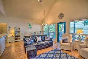 TV, fireplace, books