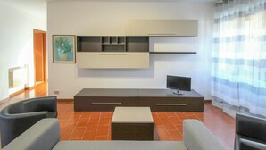A modern living room with a sofa set, a flat-screen TV, and built-in shelving. - Beautiful  villa for 4 guests with WIFI, TV and pets allowed (Castelveccana)