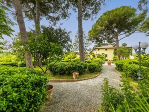 A garden pathway leading to a building with a tiled roof, surrounded by lush greenery and trees.