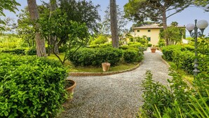 Un vialetto in giardino conduce a un edificio con facciata gialla, circondato da un verdeggiante paesaggio e alberi.