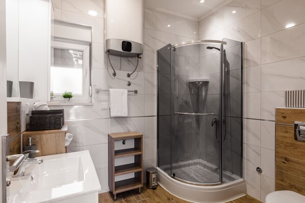 Shower, hair dryer, towels