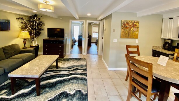 A living room with a sofa, a coffee table, a TV, and a dining area with a table and chairs.