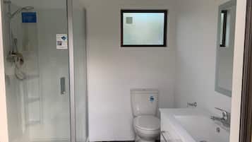 Shower, towels, toilet paper