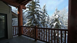 Ein Holzbalkon mit Geländer, mit Blick auf verschneite Bäume und einen klaren Himmel.