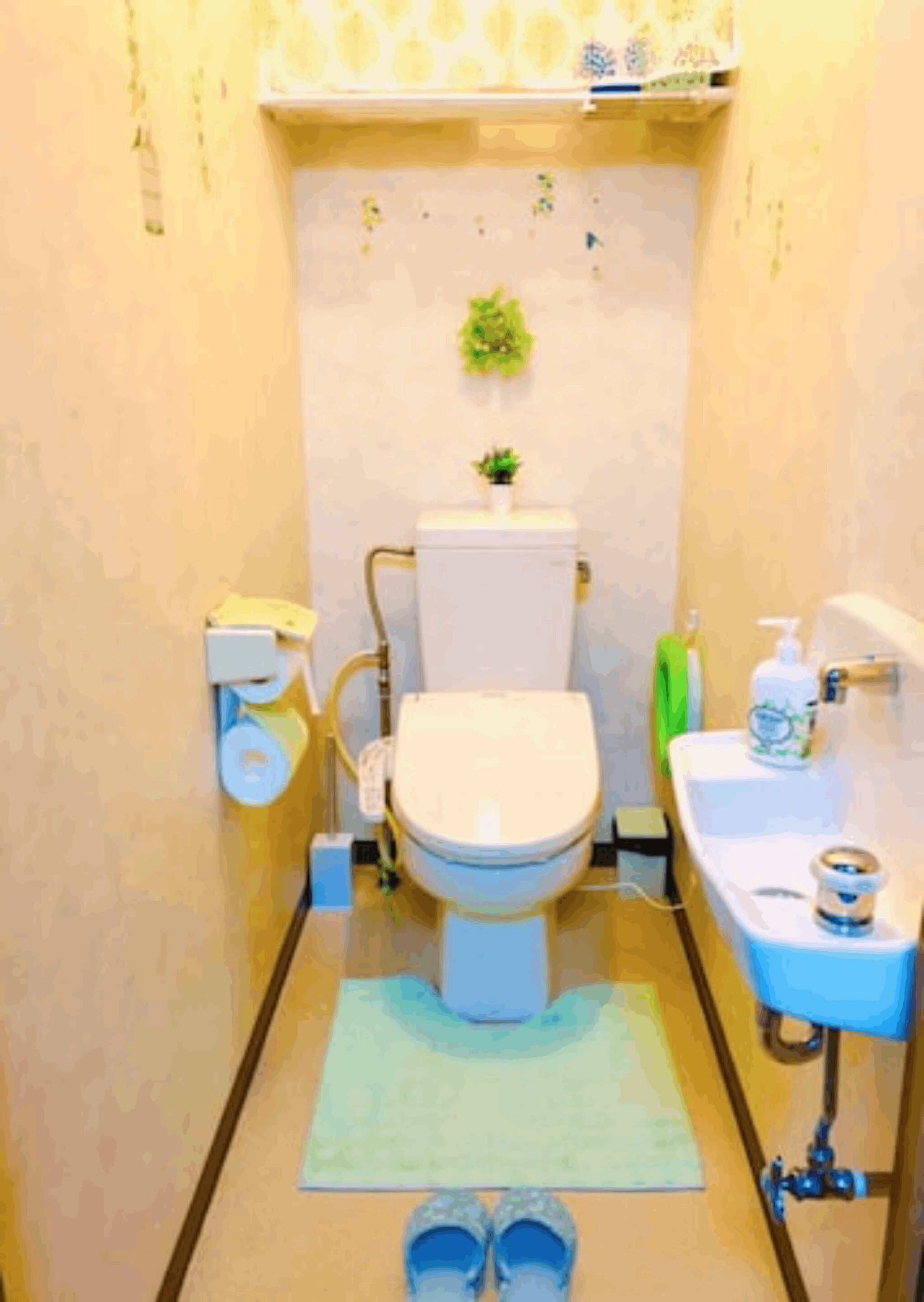 A small bathroom with a toilet, sink, and a green mat on the floor.