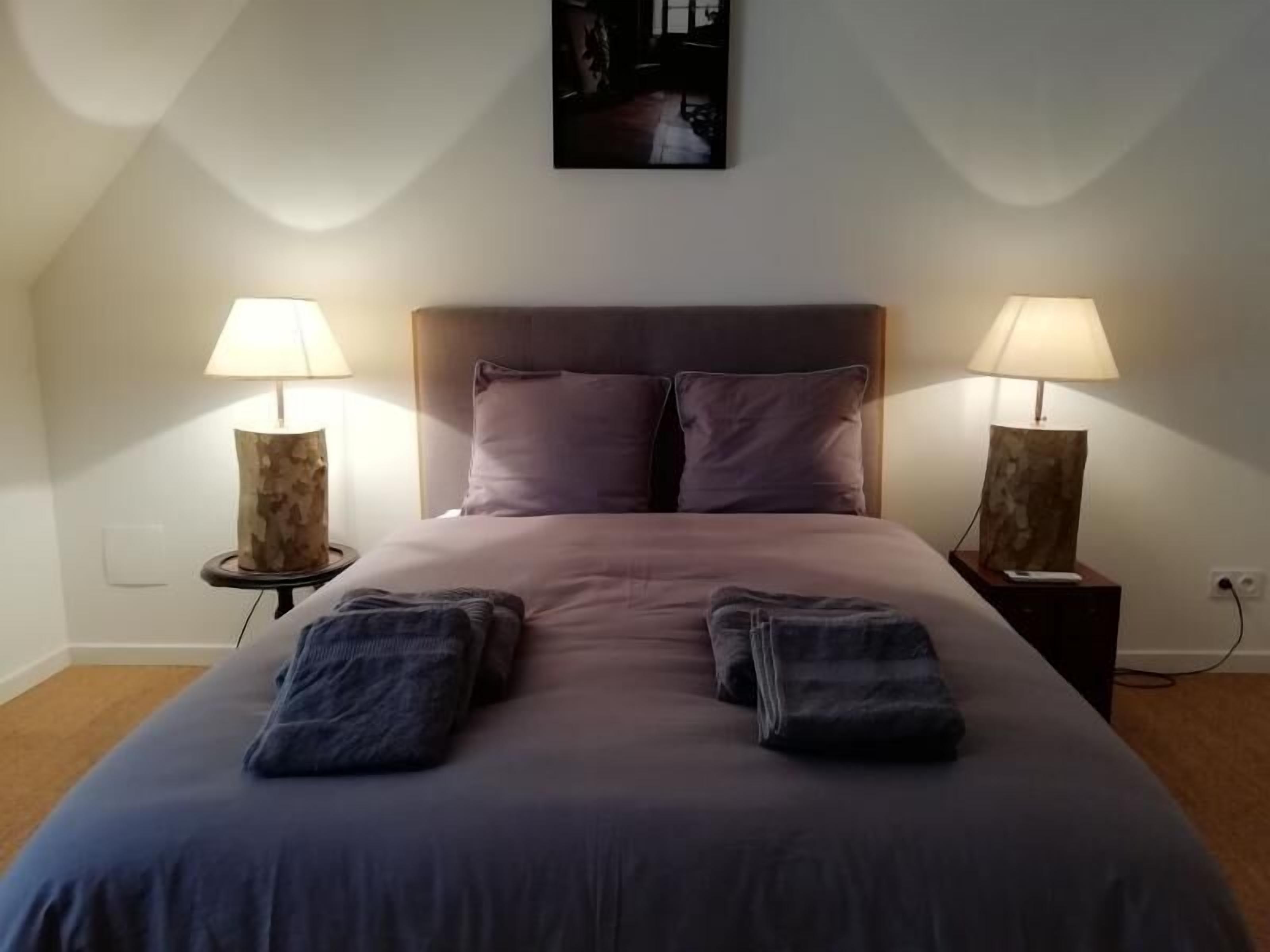 Un lit bien fait, avec une tête de lit, deux lampes de chevet et un tableau encadré au-dessus du lit.