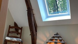 A loft bedroom with a sloped ceiling, a skylight, a wooden ladder, and a chair.