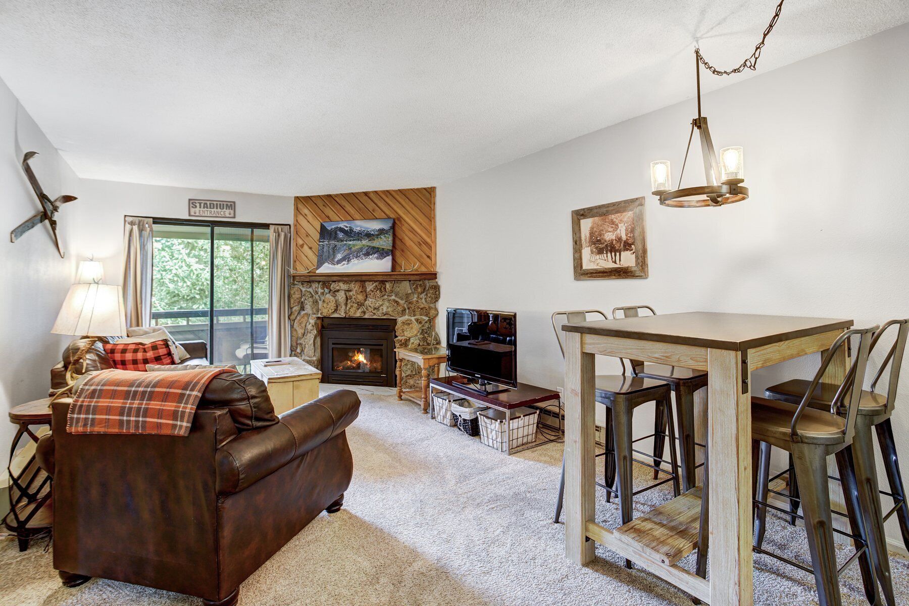 Smart TV, fireplace, books, stereo