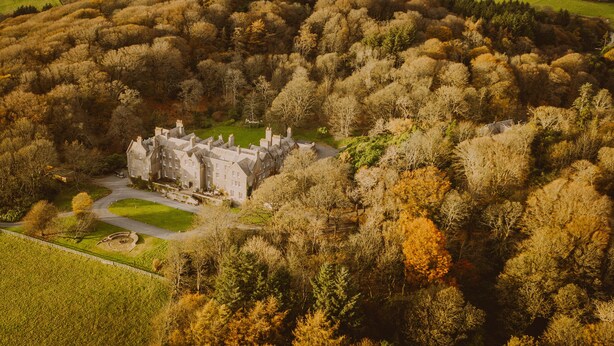 Un grand bâtiment historique, entouré d’une forêt dense, avec une pelouse bien entretenue et une allée sinueuse.