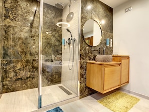 Shower, hair dryer, slippers