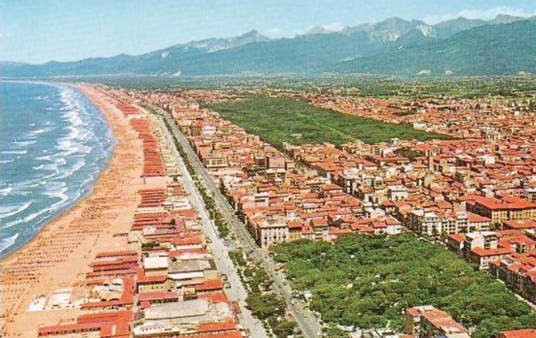 An aerial view of a coastal city with a long beachfront, dense urban area, and green spaces.