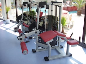 Een fitnessruimte met trainingsapparatuur, een zwembad en potplanten.