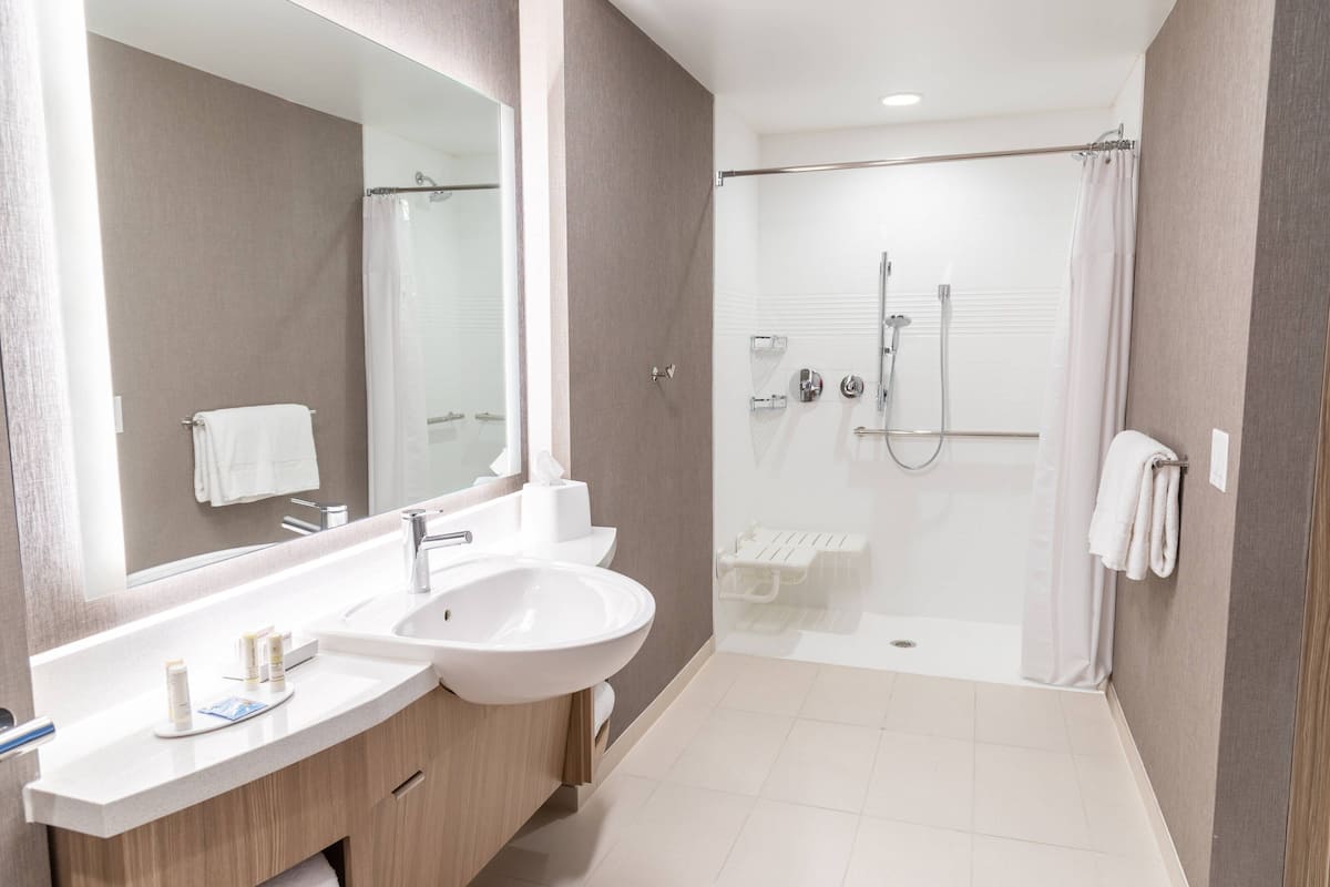 shower, designer toiletries, hair dryer, towels