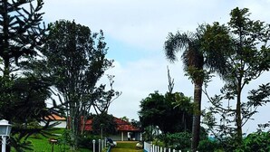 A pathway flanked by trees and a blue fence, leading to a building with a red roof. - Sítio Santa Filomena São Roque/SP (São Roque)