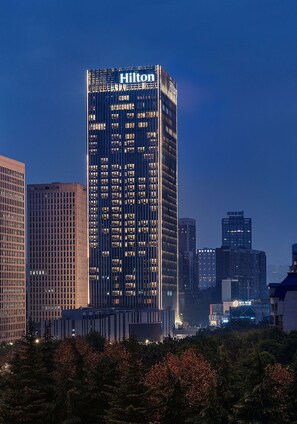 Een hoog hotel met een opvallend 'Hilton' bord, omringd door andere gebouwen en bomen.