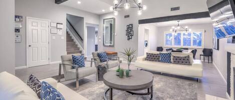 TV, fireplace, video games, stereo