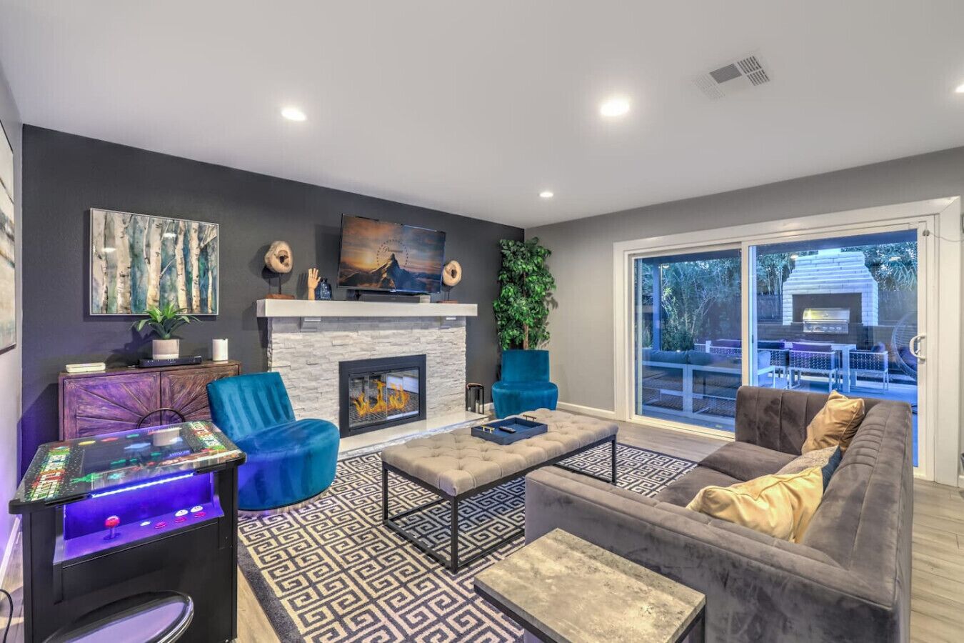 TV, fireplace, video games, stereo