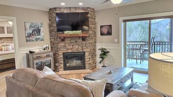 Smart TV, fireplace, books