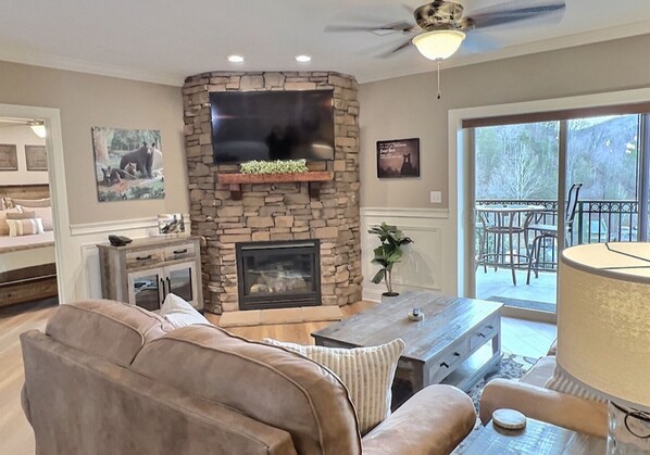 Smart TV, fireplace, books