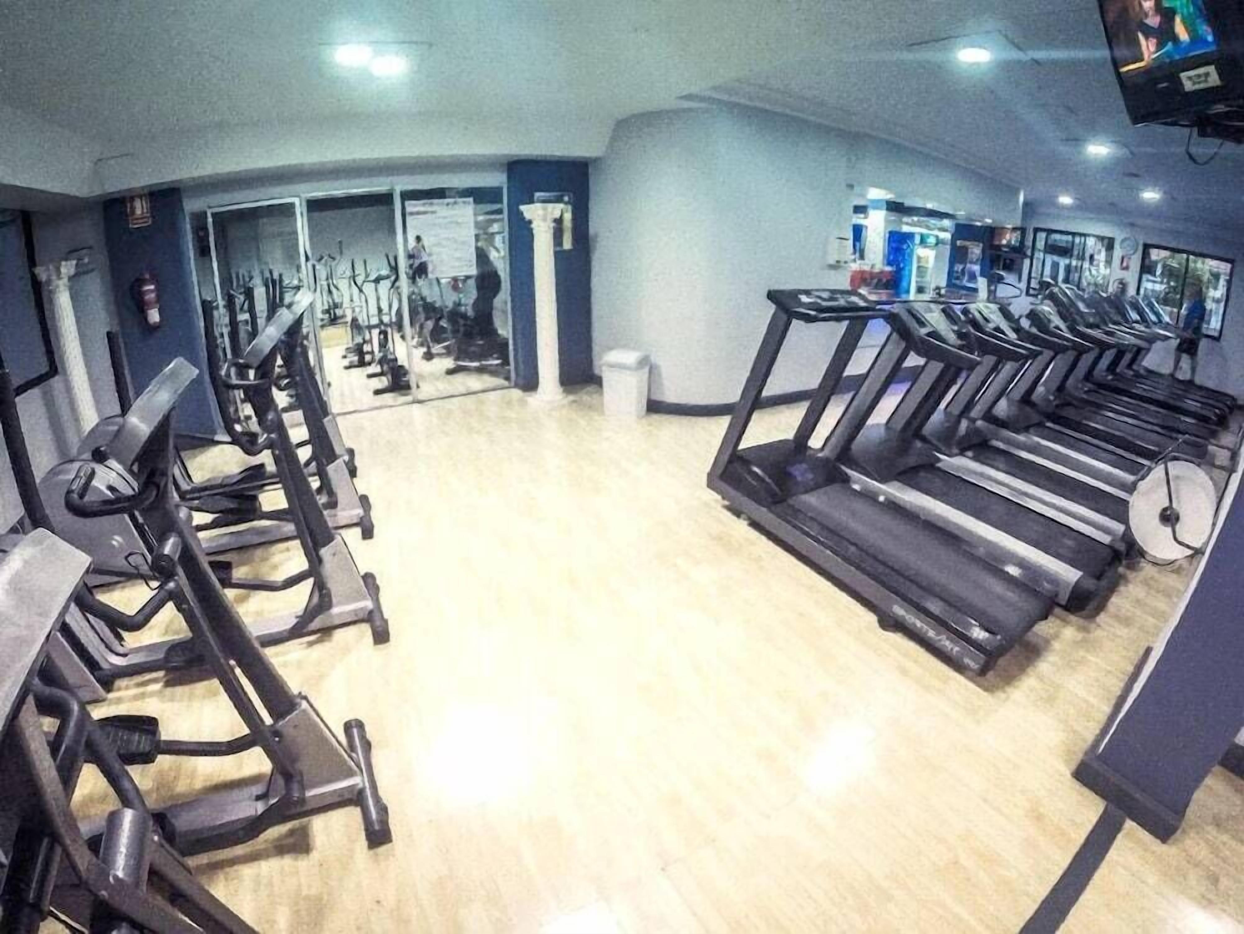 A gym with multiple treadmills and elliptical machines.