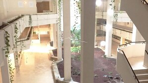 Un atrium espaiós amb una zona central oberta, diversos nivells i plantes penjants.