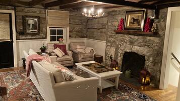 TV connectée, cheminée, lecteur de DVD, livres