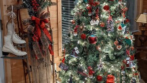 A decorated Christmas tree with ornaments and lights, a sled with boots, and a framed picture on the wall. - Cozy cottage on our private lake and 75 wooded acres. (Dunlap)
