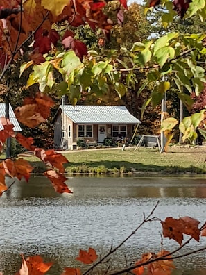Surrounded by trees and a serene lake, this lakeside retreat offers a peaceful escape.