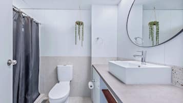 Een douche, een haardroger, shampoo