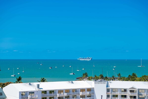 Un hôtel situé sur la côte, doté de nombreux balcons, offrant une vue sur la mer et permettant d’apercevoir un navire de croisière au loin.