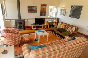 A cozy living room with a fireplace, a television, and a couch with plaid cushions.