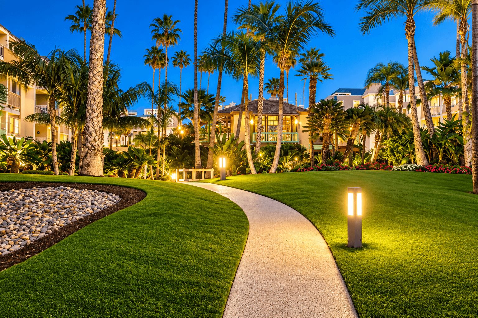 A well-lit pathway leading to a building with multiple floors, surrounded by palm trees and a landscaped garden.