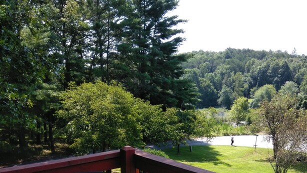 A deck with a table set for four, overlooking a grassy area and trees. - Holidays are over!!! Come relax and unwind at Magnificent Views in Murphy!!! (Murphy)