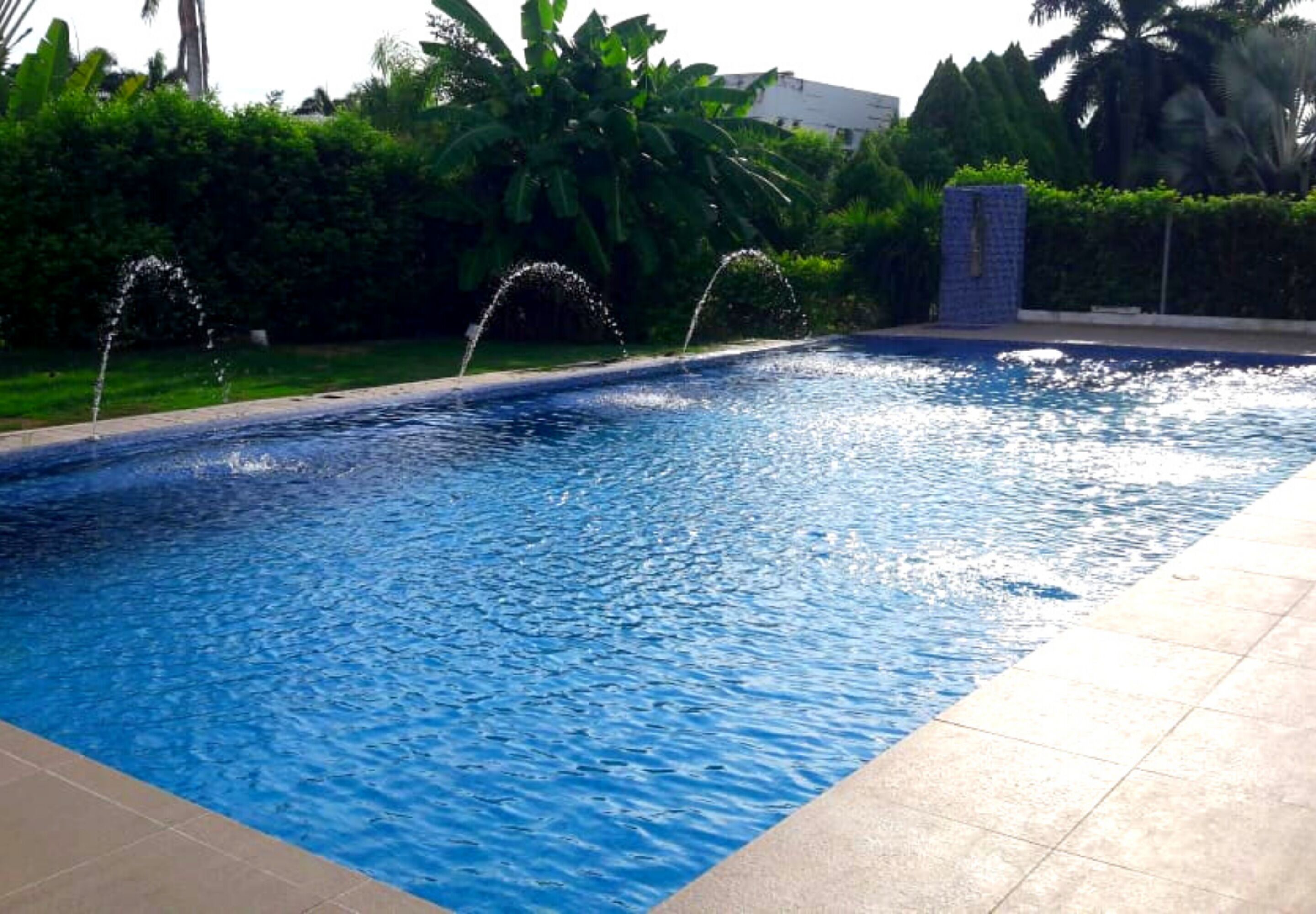 Una piscina con chorros de agua, rodeada de exuberante vegetación y un deck empinado.