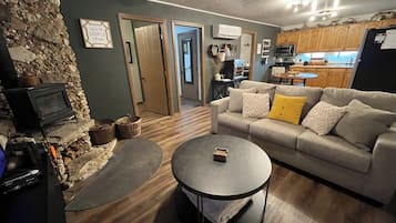 Smart TV, fireplace, DVD player, books