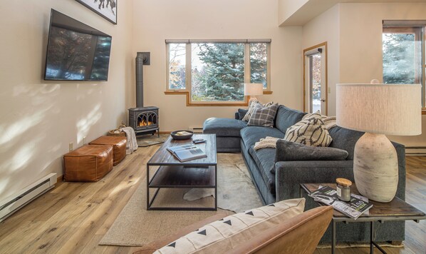 Télévision à écran plat, cheminée, espaces bureaux