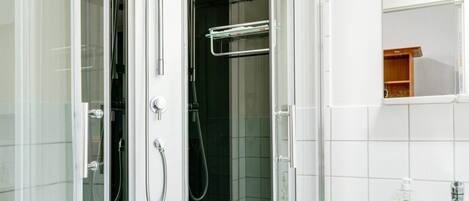 A modern bathroom with a glass-enclosed shower, a white sink, and a mirror.